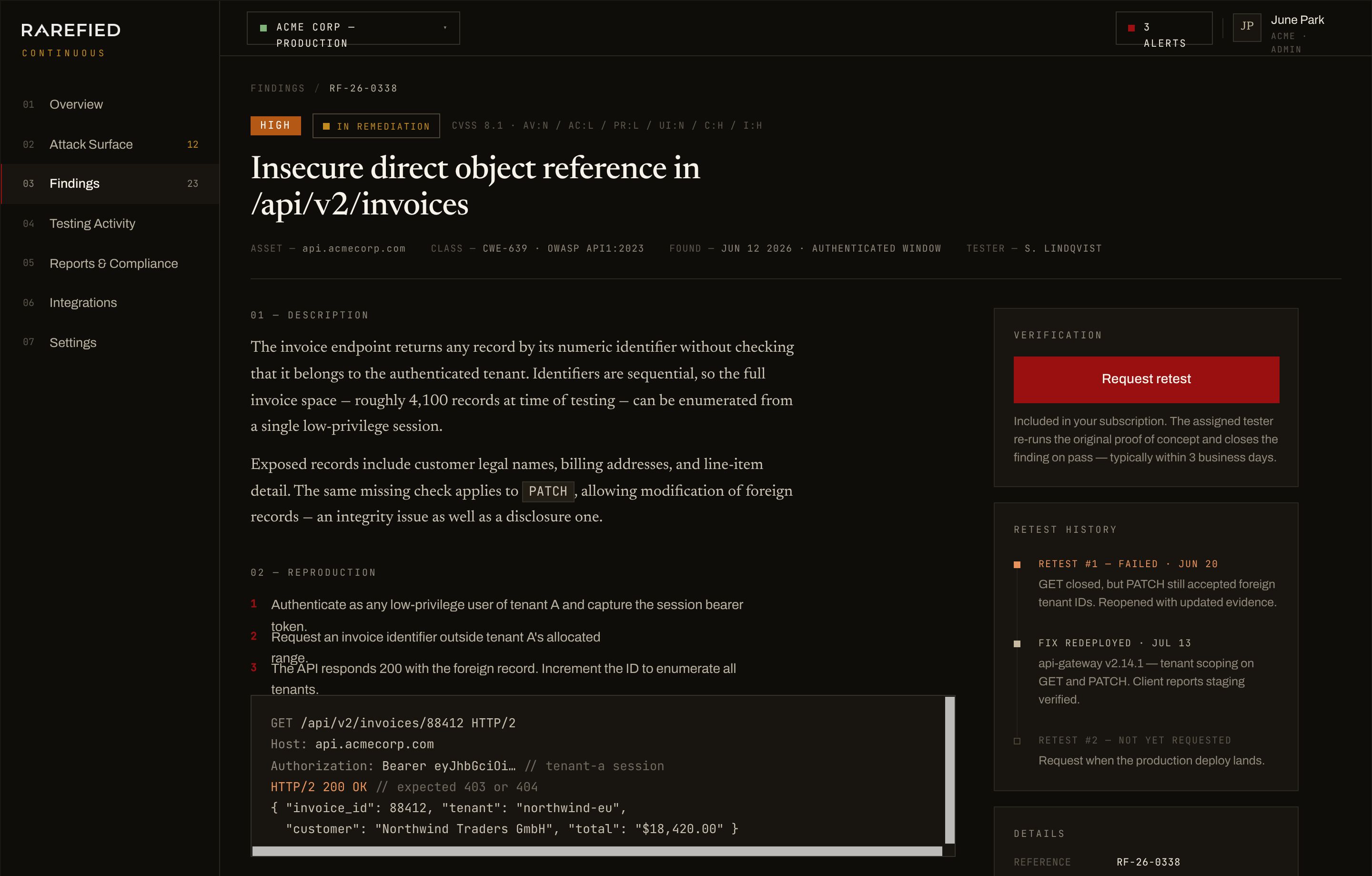 Finding detail — an IDOR finding with description, reproduction, evidence, remediation guidance, retest history, and a request-retest action